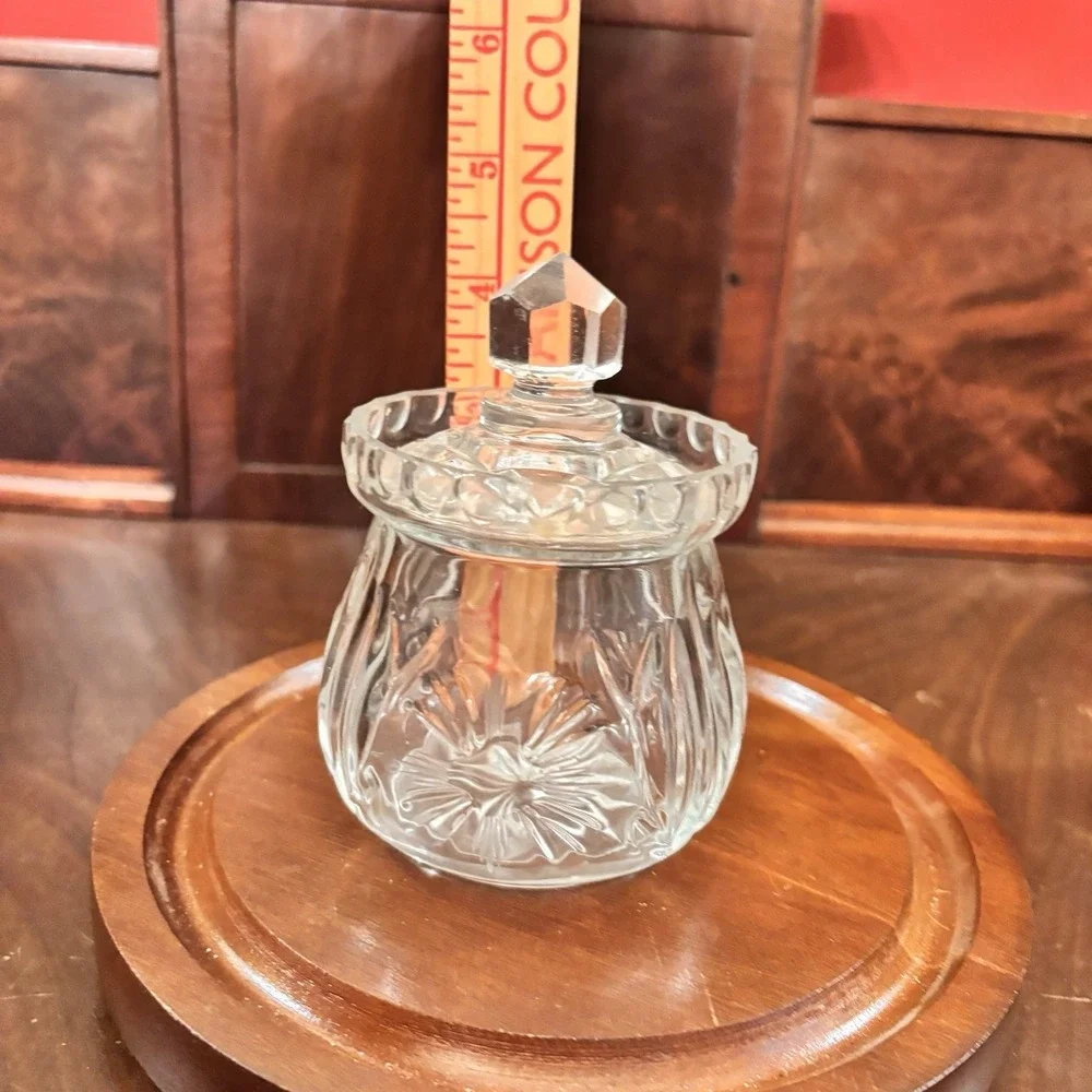 Vintage Clear Pressed Glass Mustard Condiment Jar Floral Starburst